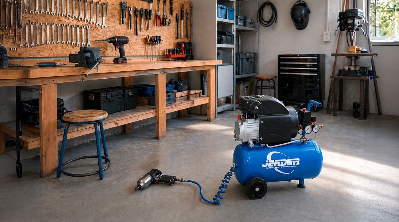 Taller de bricolaje en el que hay una máquina de aire comprimido