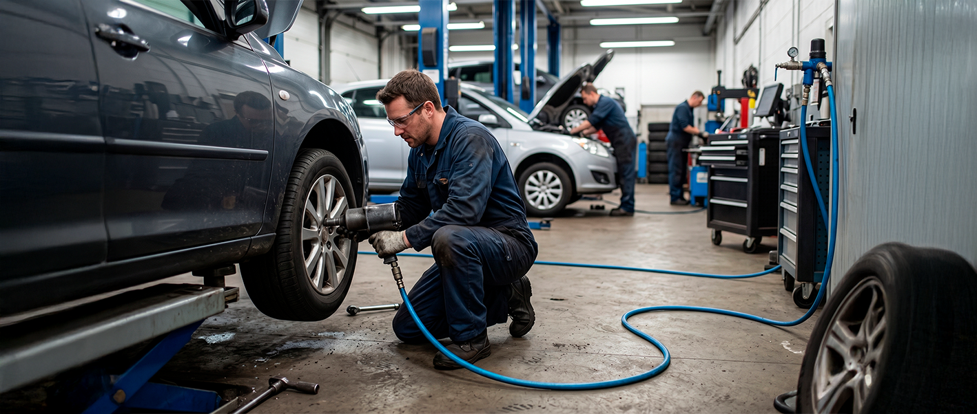 Trabajador de empresa de automoción usando compresor de aire comprimido