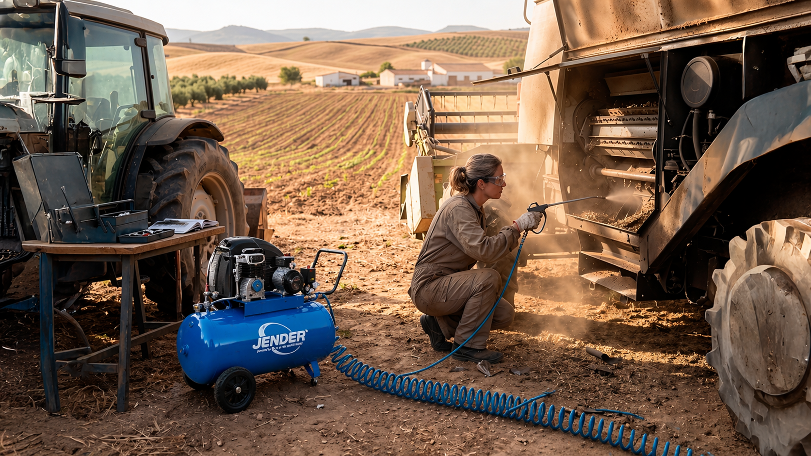 Mujer usando máquina de aire comprimido en el campo