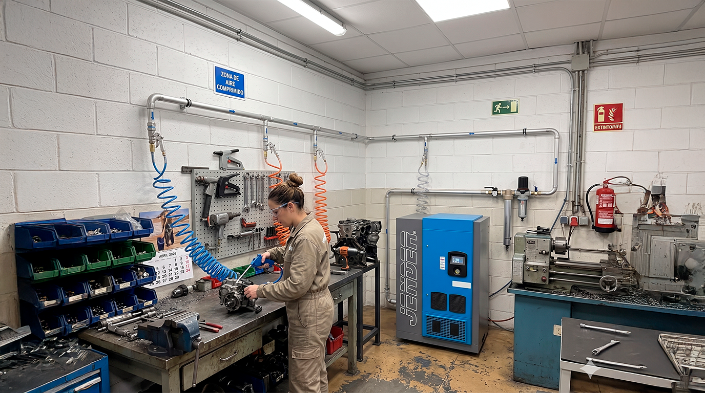 Trabajadora usando máquina de aire comprimido