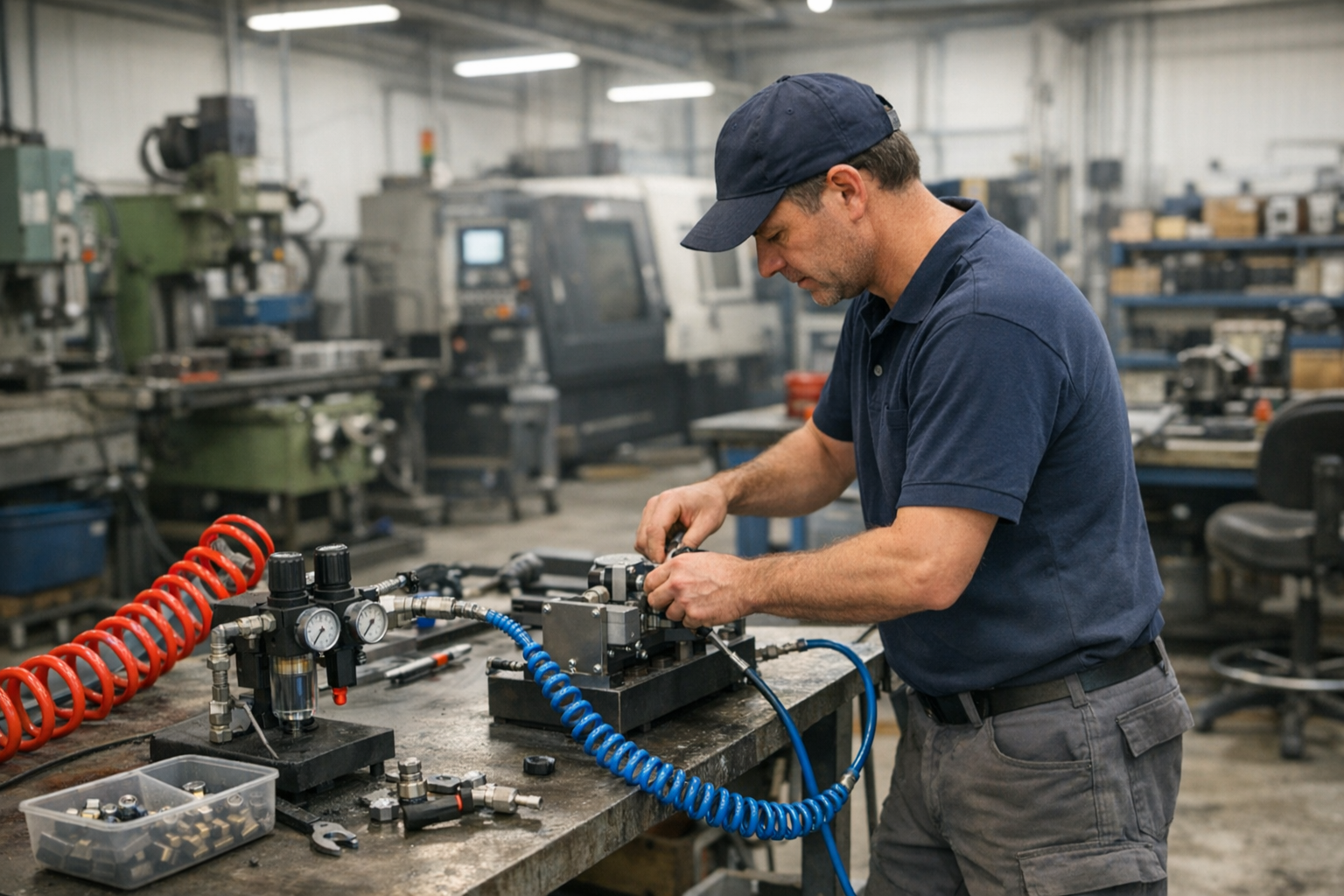Trabajador de nave industrial usando aire comprimido