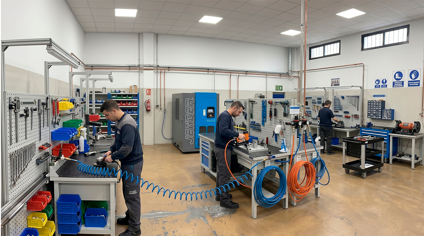 Taller de trabajo dotado de máquinas de aire comprimido